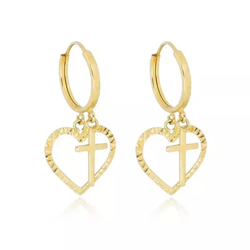 Brinco de Ouro 18k Argola com Pingente Coração e Cruz - Imagem 2