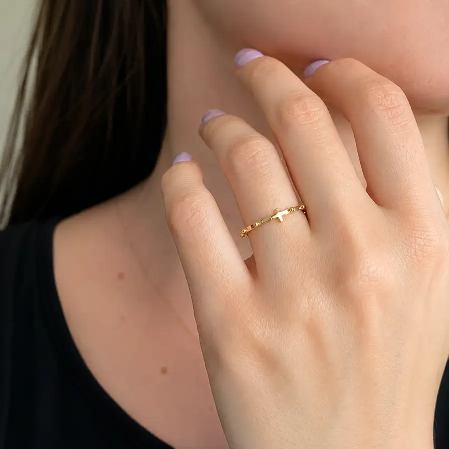 Anel de Ouro 18k Terço e Cruz com 1,5mm