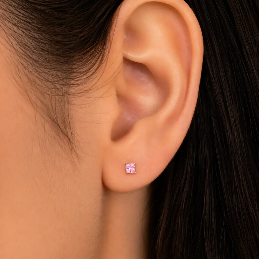 Brinco de Ouro 18k Zircônia Carrê Rosa de 4mm - Imagem 3