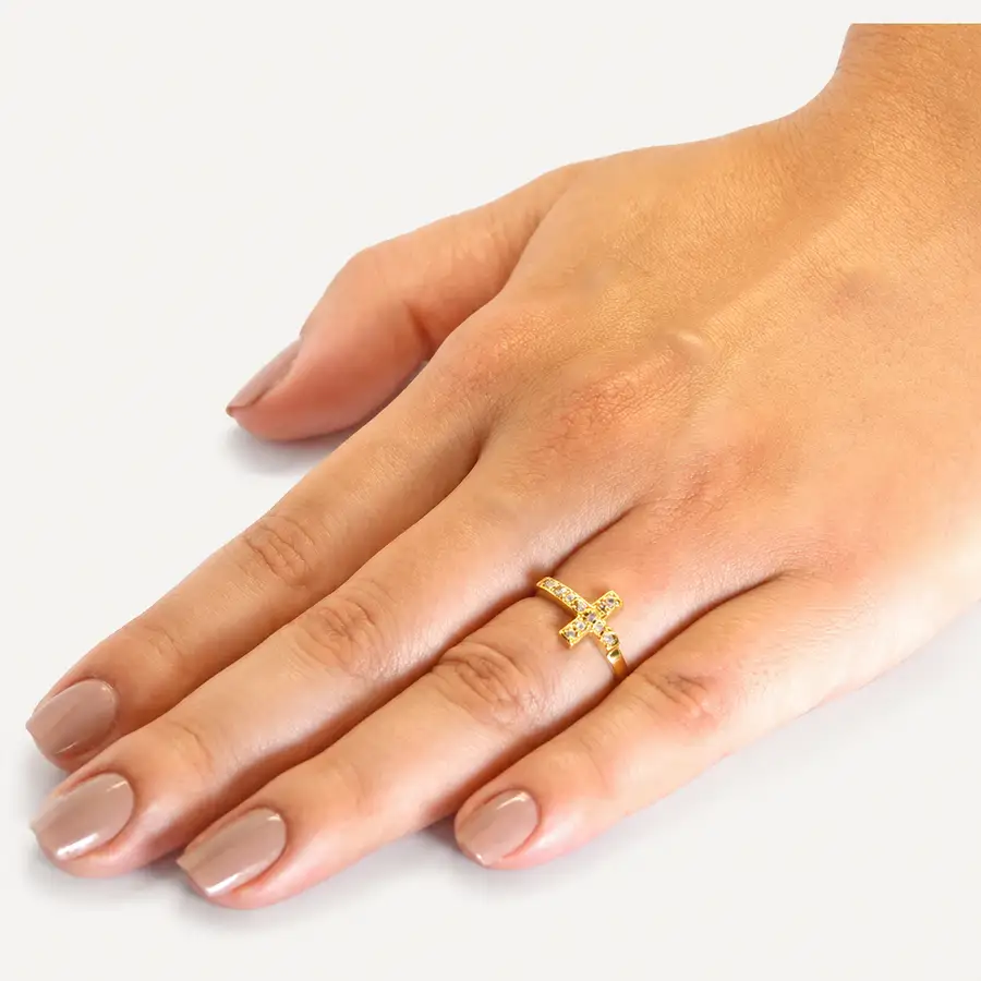 Anel de Ouro 18k Cruz de 1,5mm com Zircônias - Imagem 2