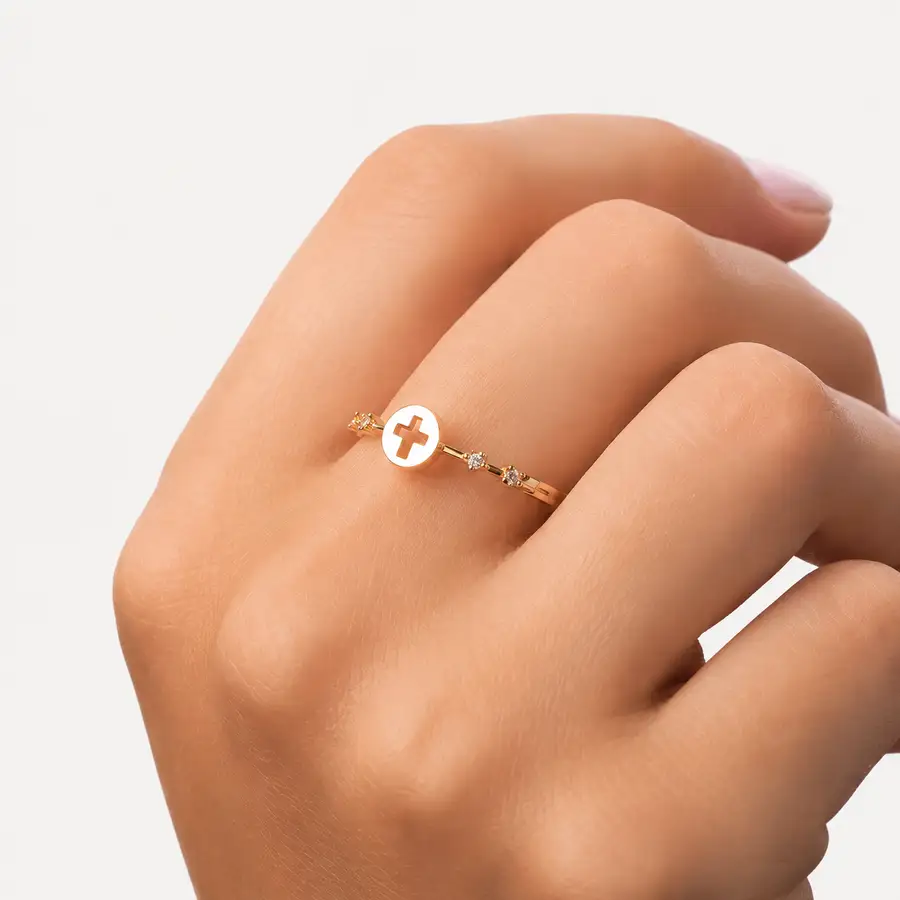 Anel de Ouro 18k Cruz Vazada com Zircônias - Imagem 2