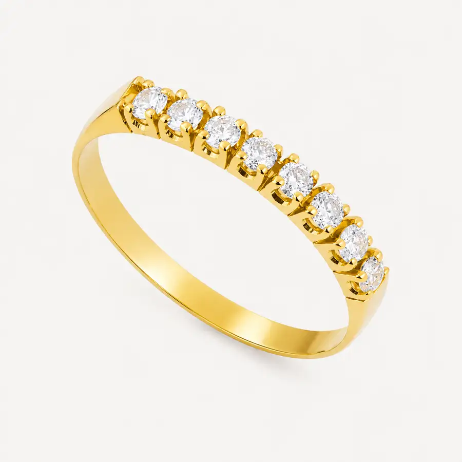 Anel Meia Aliança de Ouro 18k com 8 Diamantes de 2 Pontos