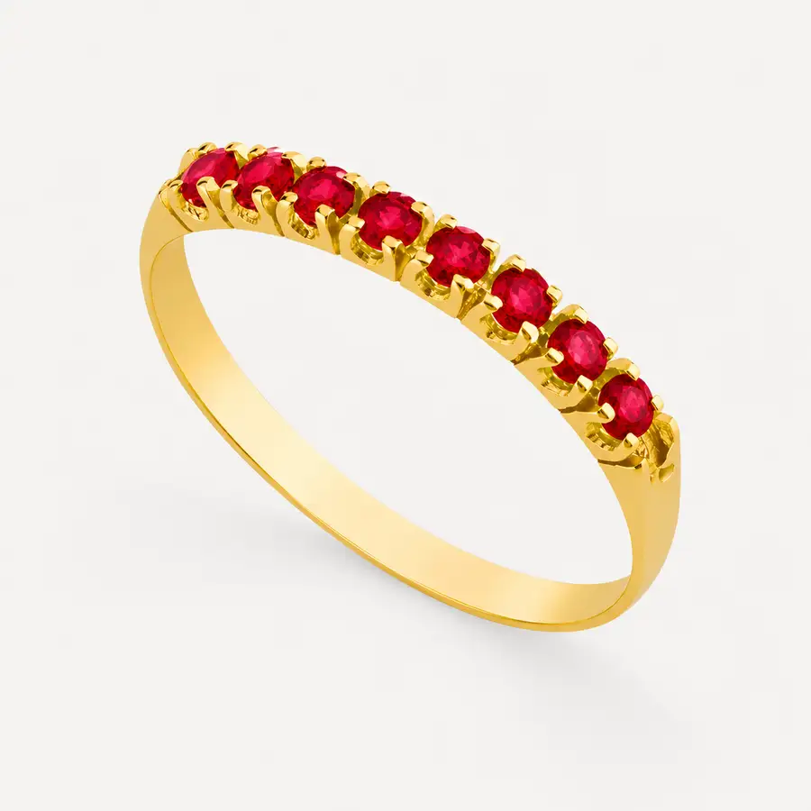 Anel Meia Aliança de Ouro 18k com 8 Rubis de 3 Pontos