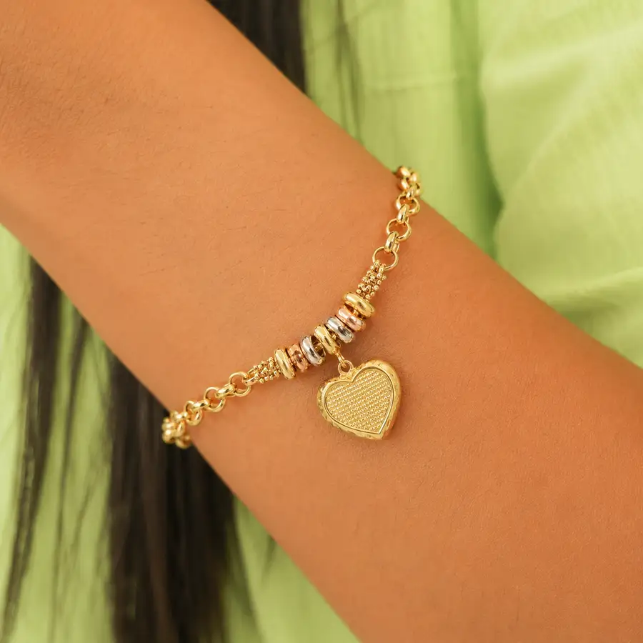 Pulseira de Ouro 18k Elo Português e Coração com 19cm - Imagem 2
