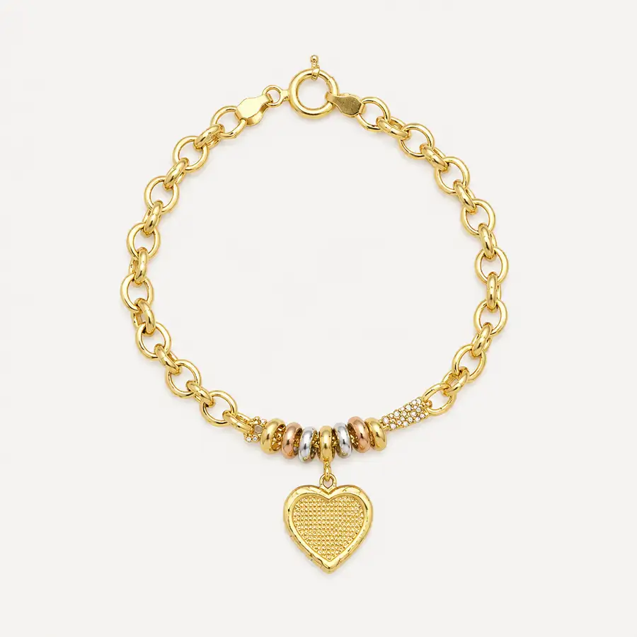Pulseira de Ouro 18k Elo Português e Coração com 19cm