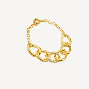 Pulseira Cravejada com Elo Portugues Cravejado Banhada a Ouro 18K