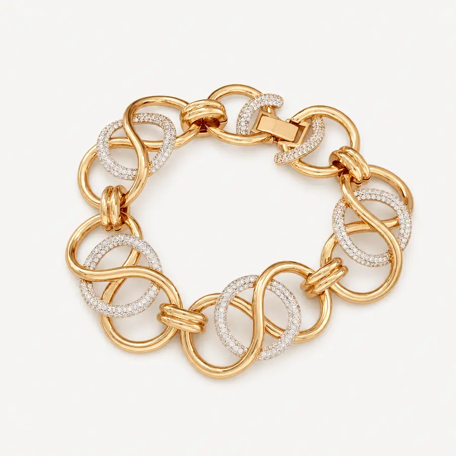 Pulseira Cravejada com Elo Infinito e Círculo Cravejado Banhada a Ouro 18K